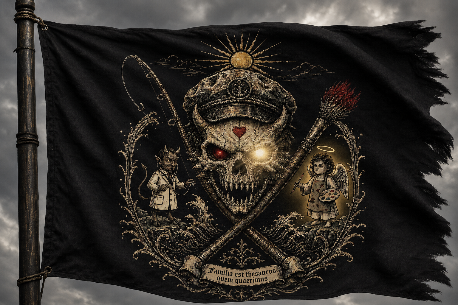SoHereAreTheFrigginFish — pirate flag with fishing captain skull, devil, and angel crest